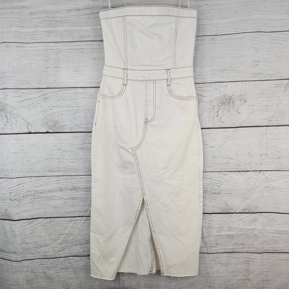 GB Gianni Bini XS Strapless Denim Midi Jean Dress Off-White Slit NWT L798